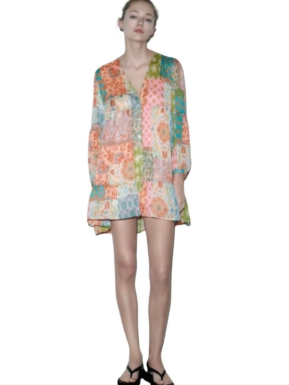 Zara Patchwork Print Dress Bohemian Pastel V Neck Peasant Babydoll Size M